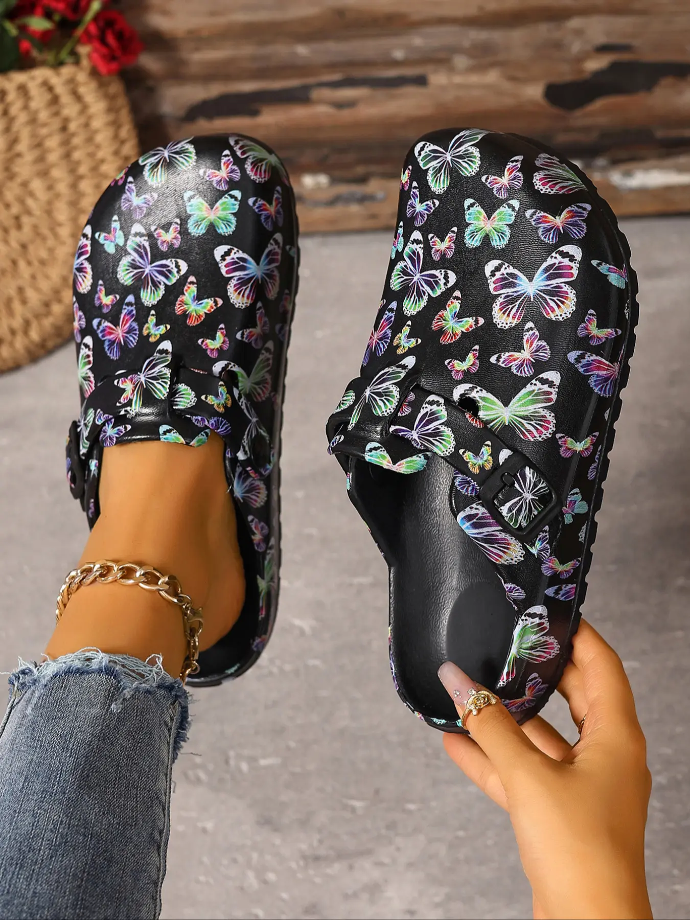 Women's Fashion Print Eva Classic Clog Work Clogs, Non Slip Clogs, Summer Anti-Slip Work Shoes, Lightweight Flat Soft Sole Adjustable Buckle Closed Toe Beach Garden Fall