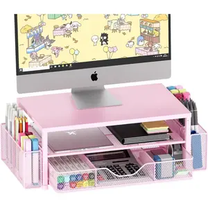 Desk Organizers and Accessories, 2-Tier Computer Monitor Stand Riser with Drawer and 2 Pen Holders, Laptop Stand, Office Desk Accessories & Office Decor for Women, Pink, Office Accessories, Girly Office Supplies