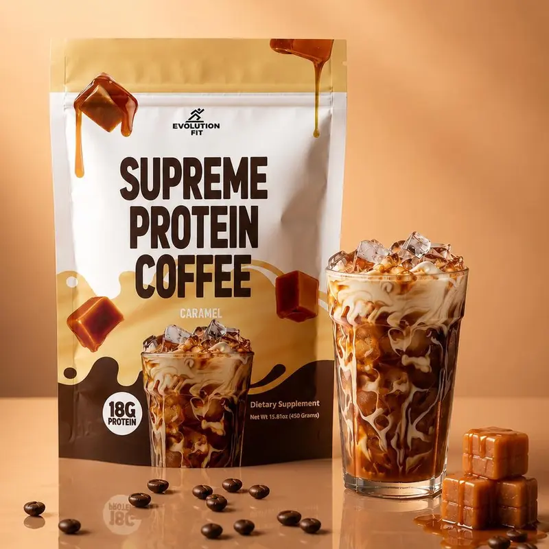 Supreme Protein Coffee Caramel, Protein Coffee, Caramel Coffee, High Protein Coffee, Wellness Coffee, Fitness Coffee, Digestive Support, Probiotic Coffee, High Fiber Protein Drink, Evolution Fit