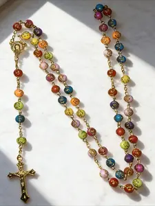 Colorful Glass Bead Rosary Necklace - Gold Plated Catholic Cross Prayer Beads, Multicolor Vintage Style