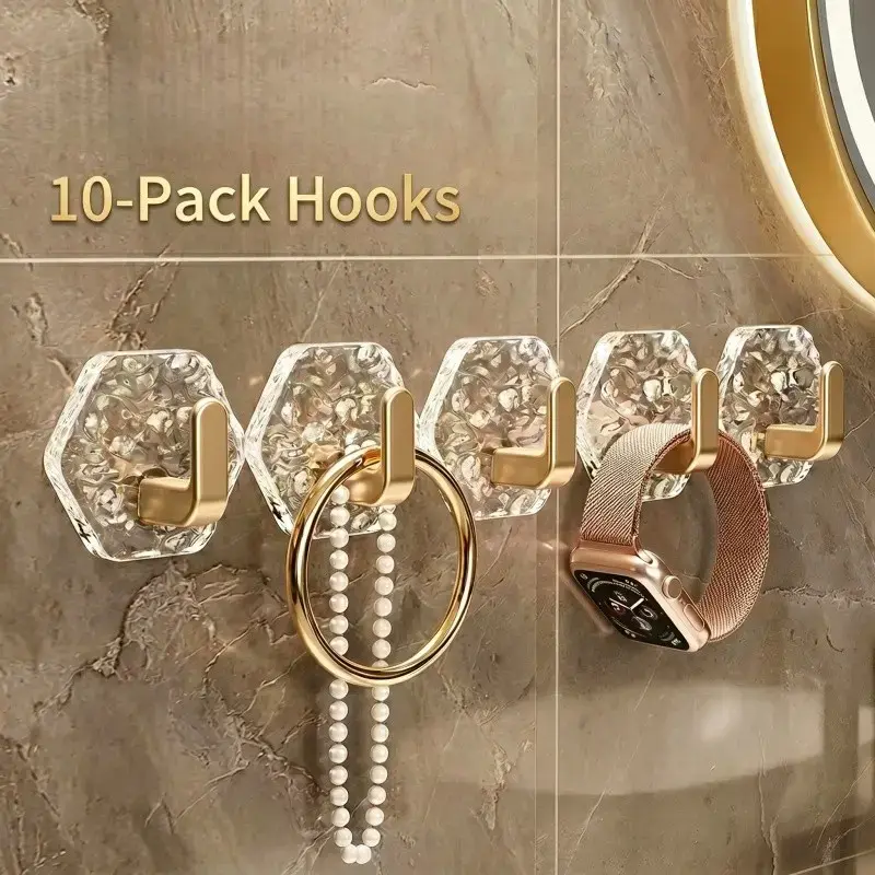 Self-Adhesive Hooks 10 Pack Hexagonal Ripple Design Heavy Duty Sticky Hooks Waterproof Rustproof for Bathroom Kitchen Keys Towels Coats Household Storage Organiser Easy Installation