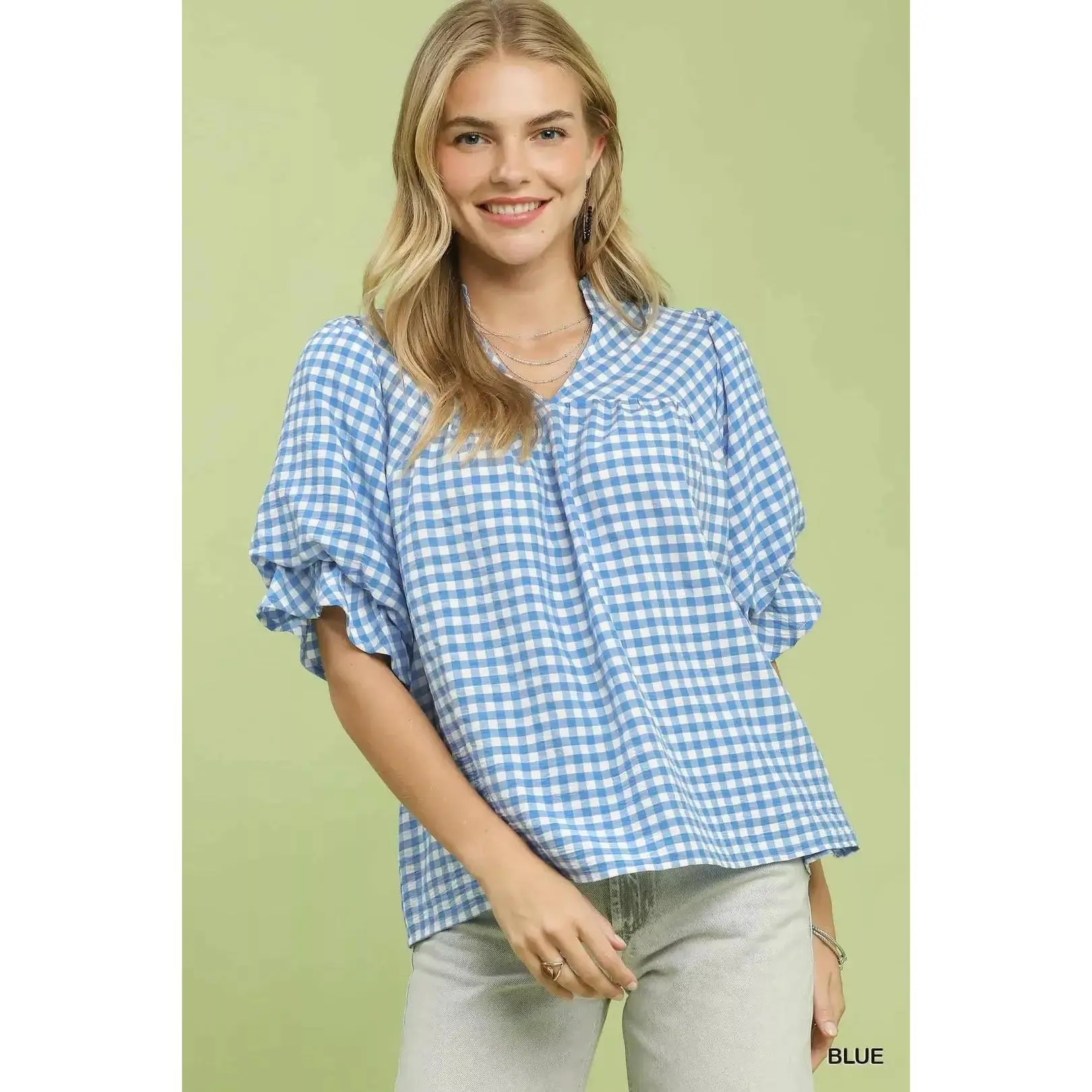Umgee Gingham Check Blouse with Ruffle Sleeves