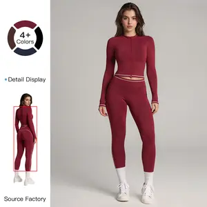 MFVIM women’s athletic zip set: cropped long-sleeve top and high-waisted pants that fit snugly down to the ankles; casual outdoor running gear, casual gym wear, color-block sports outfit set.