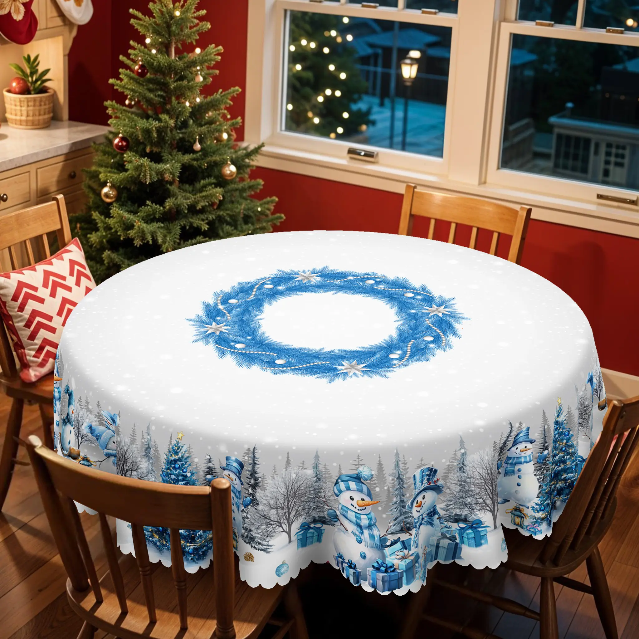 PLUMLIK Christmas Tablecloth,  White Blue Round Rectangle Table Decor, Snowman And Christmas Garland Pattern , Polyester Waterproof Tablecloth, Christmas Party Decoration For Dining Room Holiday Party, Kitchen Home