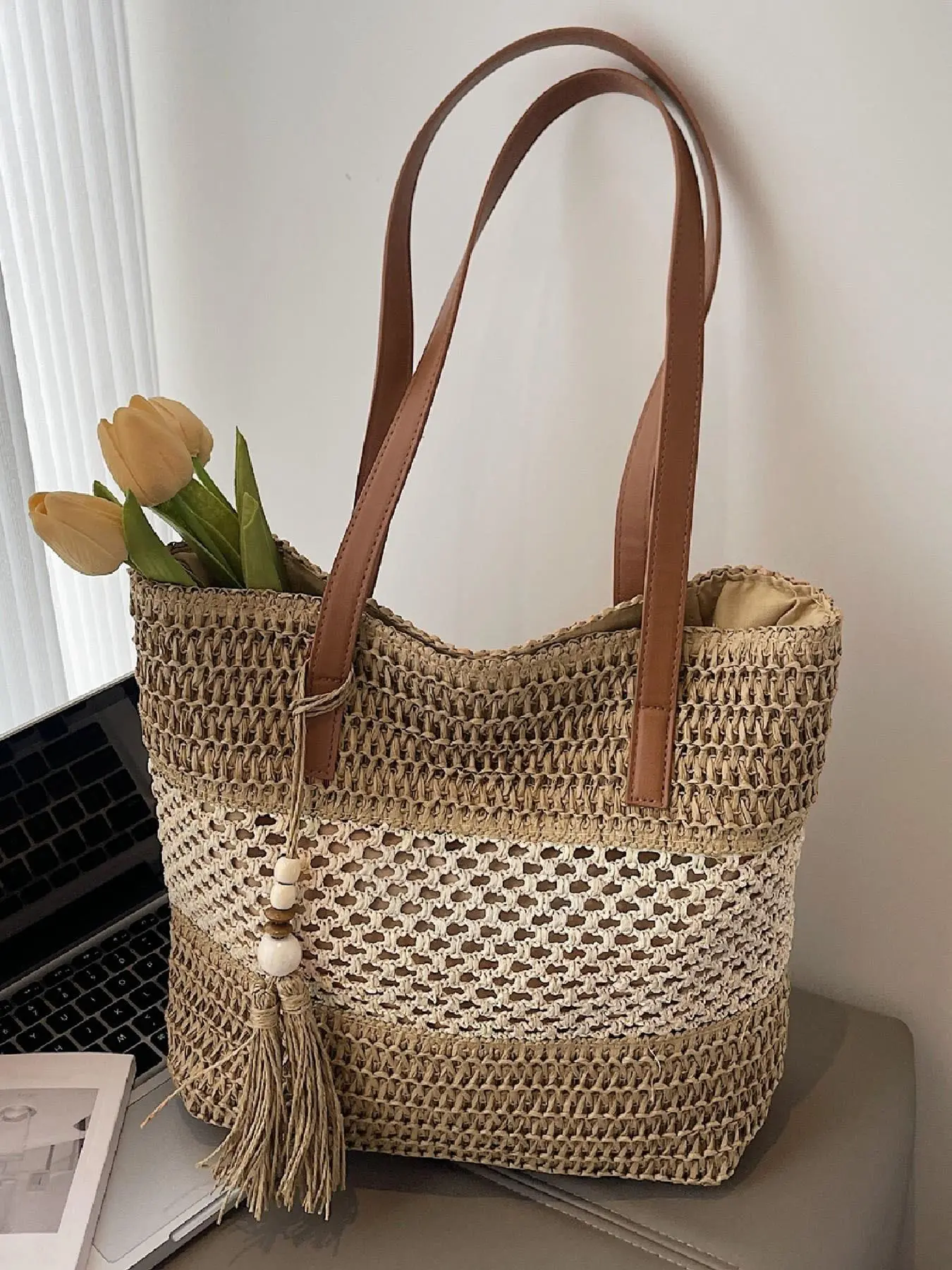 Colorblock Hollow Out Woven Tote Bag, Shoulder Totes, Large Capacity for Vacation, Tassel Bead Decoration, Women's Casual Travel Beach Shoulder Bag, Tote Shoulder Bags