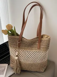 Colorblock Hollow Out Woven Tote Bag, Shoulder Totes, Large Capacity for Vacation, Tassel Bead Decoration, Women's Casual Travel Beach Shoulder Bag, Tote Shoulder Bags