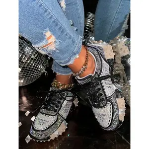 Sparkly “Dad” Shoes with Full Diamond Cover, Rhombus Pattern + Thick Sole Design, Sweet Cool Style, Perfect for Jeans, All Seasons