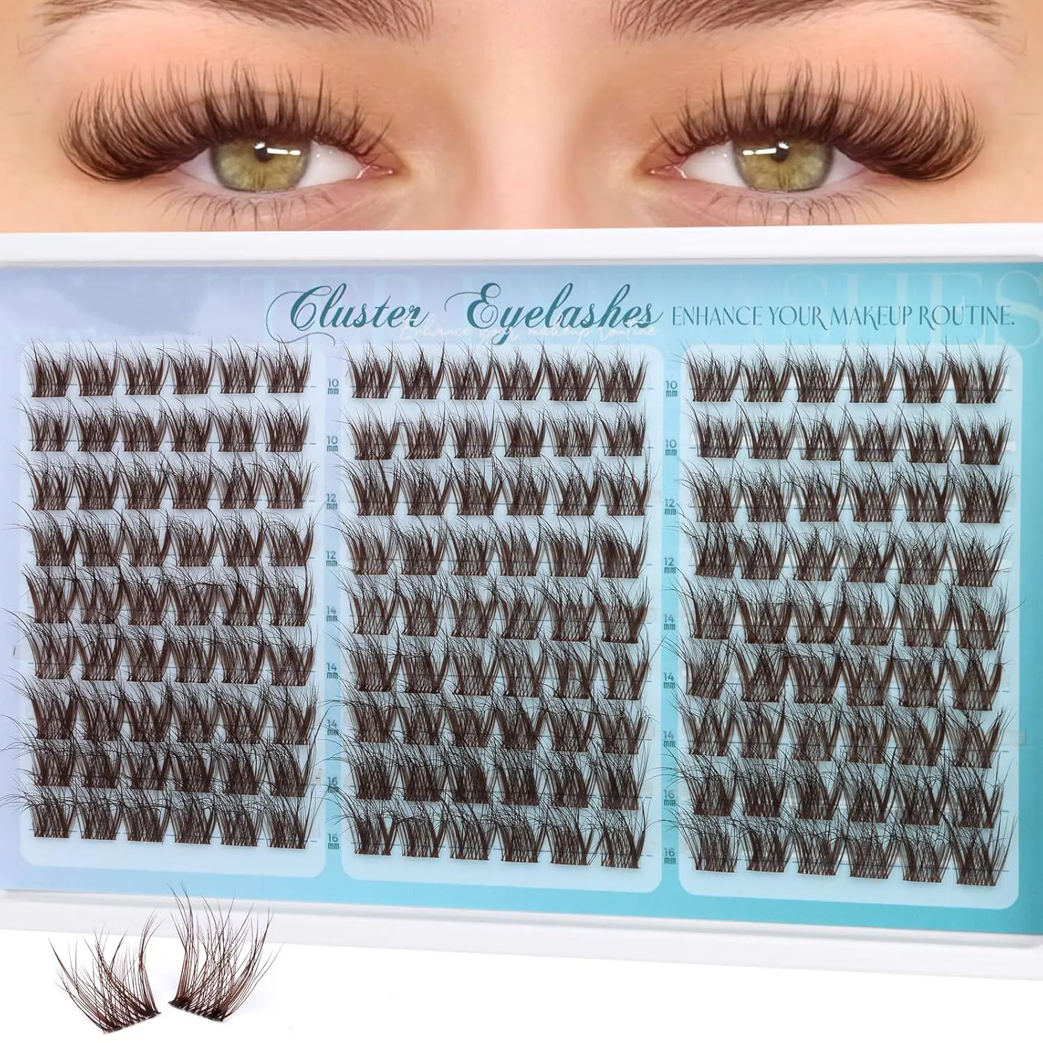 Brown Natural Fluttering Eyelash Clusters, 162pcs Mega Volume Lashes, Fluffy False Eyelashes, Volumized False Eyelashes, Fluffy Lash Clusters, C-Curl Individual Lash Extensions, 10–16 mm, Anime-Style DIY Volume Eyelashes for Home Use