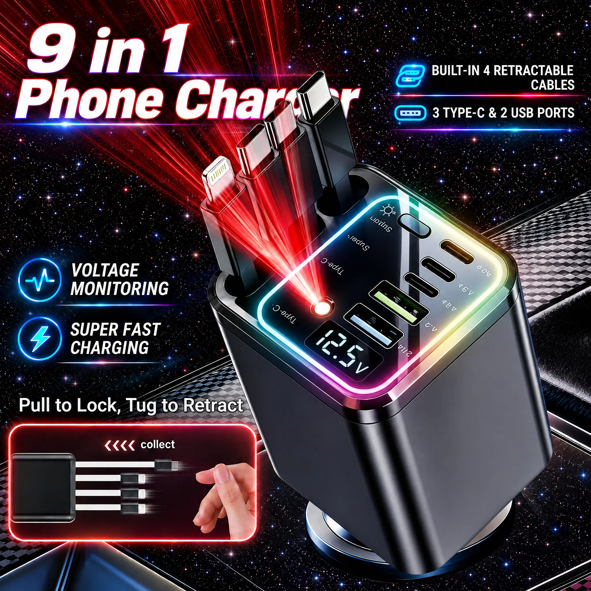 Ultimate Power Station for Phone, Pad & Laptop,Car Charger: Starry LED,Atmosphere Lamp,1-Click Galaxy Projector,Star Projector Tangle-Free Retractable Cables & Super Fast Charge,PD30W,USB-A 65W,All 120W Max,Power Hub