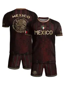 Mexico Burgundy Soccer Jersey with Golden Aztec Calendar and Eagle Crest, Fitted Regular Length, All Seasons, Tribal Pattern, Football Uniform