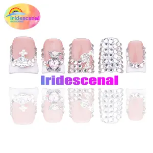 Iridescenal 10pcs-Y2K press on nail,duck nail, acrylic nail, 100%handmade, reusable,pink nail, nude, paired with French, bow, cross, 3D, butterfly, heart, suitable for daily wear, party，It is the best festival gift for girls and women.