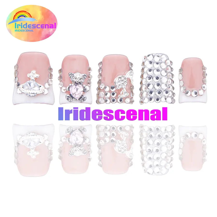 Iridescenal 10pcs-Y2K press on nail,duck nail, acrylic nail, 100%handmade, reusable,pink nail, nude, paired with French, bow, cross, 3D, butterfly, heart, suitable for daily wear, party，It is the best festival gift for girls and women.