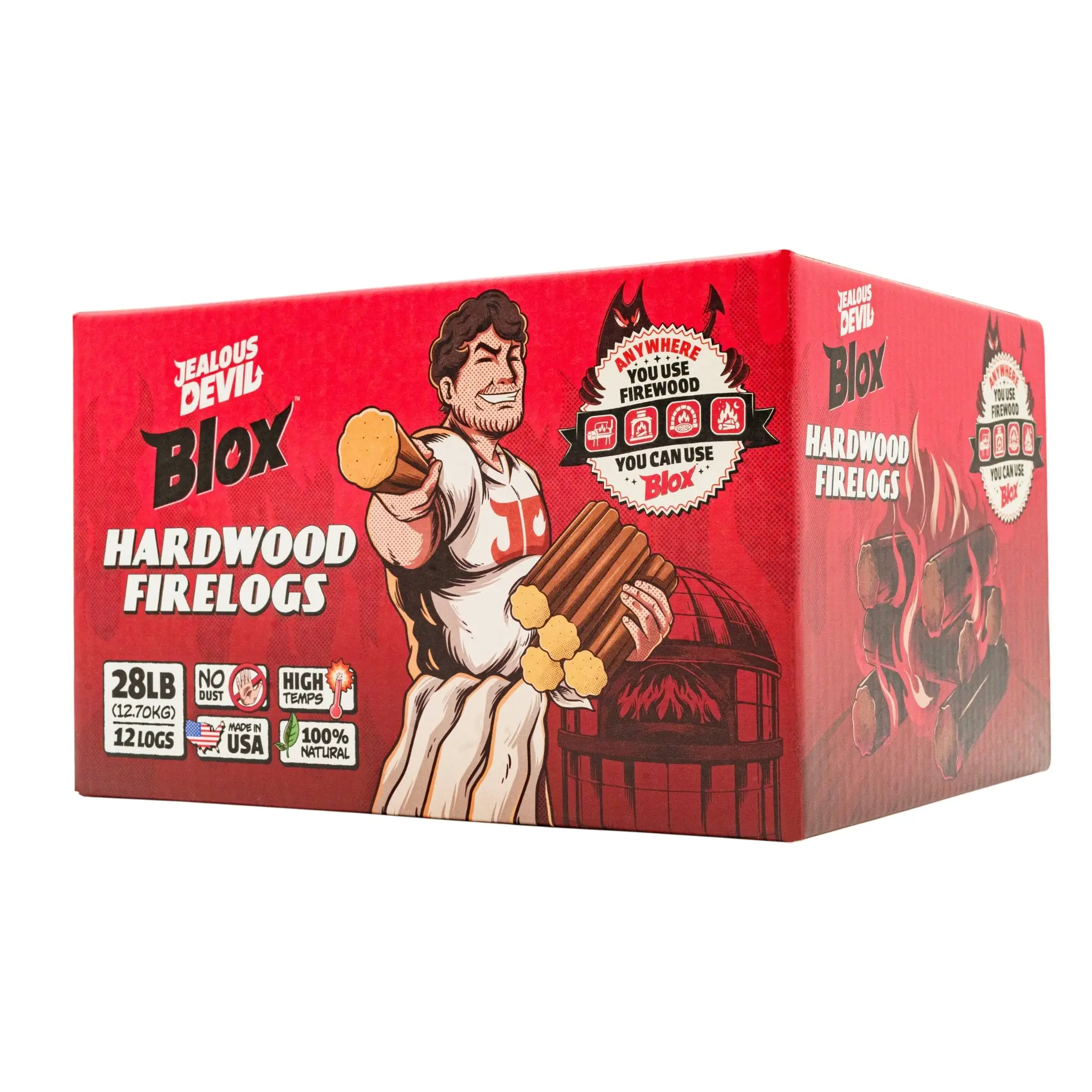 Jealous Devil Blox Hardwood Firelogs 12 - Ultra-Dense Kiln-Dried Pine Firewood Sticks for Pizza Ovens, Firepits, Camping & Outdoor Open-Fire Cooking Kitchen Natural