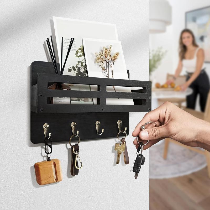 Key Holder Wall Mount, 10 inch Decorative Key and Mail Holder for Wall, with Mail Organizer & 4 Key Hooks, Rustic Wooden Key Rack for Hanging Dog Leash Sunglasses, Entryway Key Hanger, Black