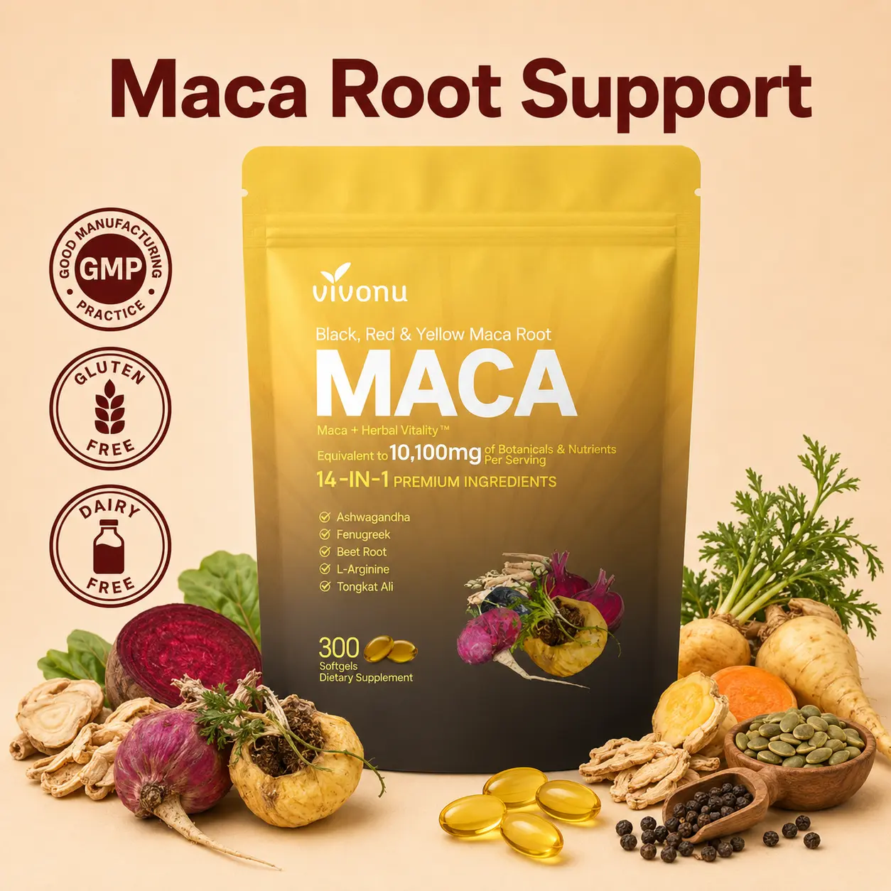 【LAST-CHANCE】VivoNu Black, Red & Yellow Maca Root Capsules – Supports Energy & Stamina, Hormonal Balance, Digestion, and Vitality, 100-Day Supply