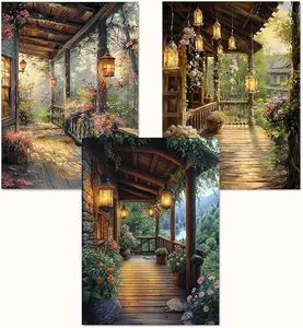 5D DIY Full Drill Diamond Painting Kit Rustic Cabin Porch Floral Lantern Scenery Art Craft for Adults Home Wall Decor