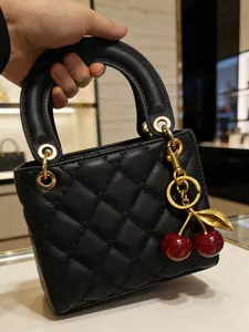 Fashion Colorblock Small Handbag, Shoulder Bag, Vintage Cherry Pendant Design, High-End Square Purse, Versatile Women's Bag