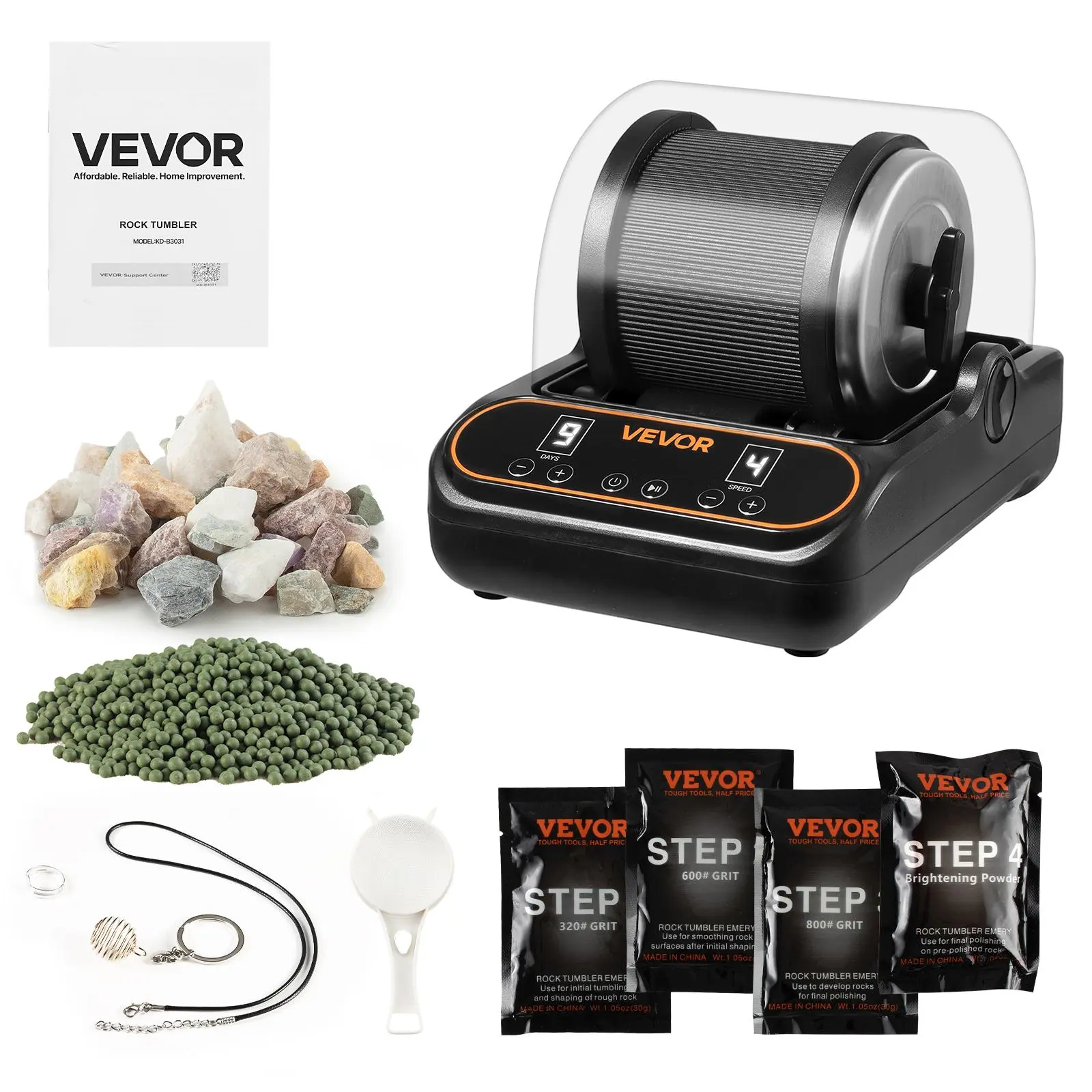 【Summerfinds】VEVOR Rock Tumbler, 2 lb Rock Polishing Machine, Rocks Tumbling Kit with 4-Speed Adjustment, 1–9 Day Timer, PC Sound Reduction Cover & TPU Drum, Direct Drive Motor Rocks Polishing, Quiet Operation
