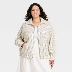 Women's Mock-Neck Full Zip Bomber Jacket - A New Day™ Cream Dot XXL