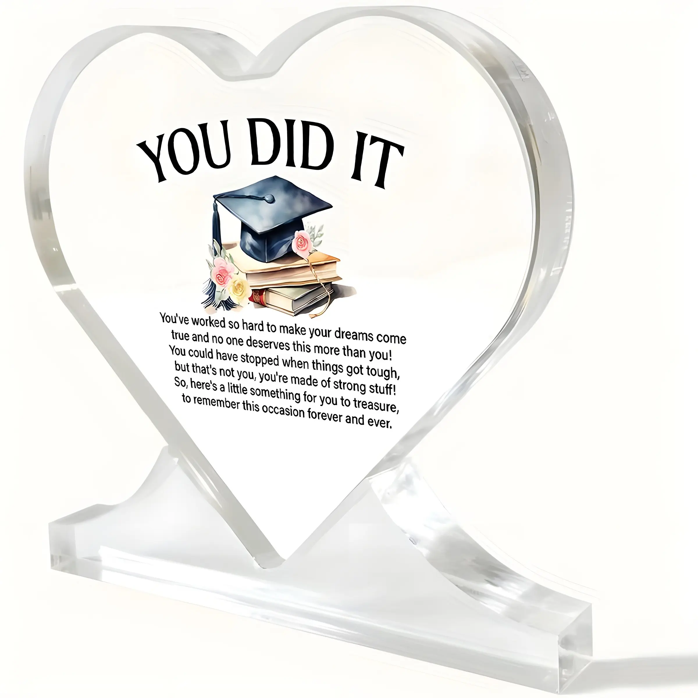 Heart-Shaped Acrylic Graduation Plaque, Decor, Inspirational 'you Did It' Quote, Watercolor Cap and Book Illustration, Perfect Graduate Gift, Acrylic Desktop Decoration, Decorative Plaque Sign