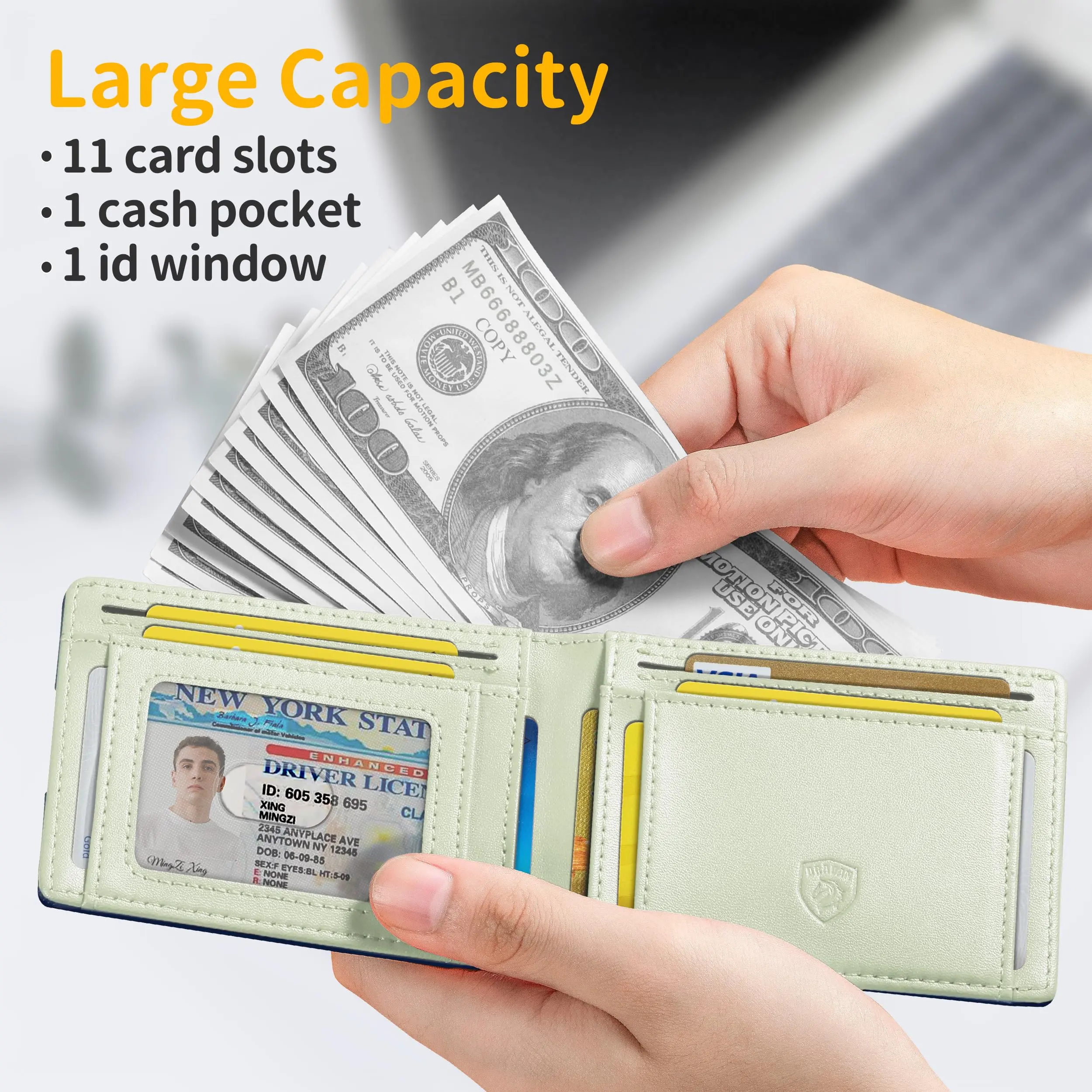 VTLASK Men's Slim Bifold Wallet in Genuine Leather & Carbon Fiber, Minimalist RFID Shielded Credit Card Holder with 11 Slots, ID Window & Cash Pocket, Gift Box Included, Rfid Shielded Wallet