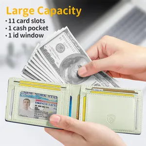 VTLASK Mens Slim Wallet Minimalist Genuine Leather Carbon Fiber RFID Blocking Bifold Credit Card Holder 11 Slots Cash Pocket ID Window Gift Box