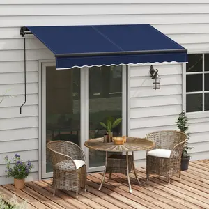 8x6.5ft Manual Awning – Blue, Adjustable Tilt 45-85°. Crank Handle Length 59". Fits Wall Size 8.2-11.5ft. Ruffled Edge for Style. Weather-Safe Construction