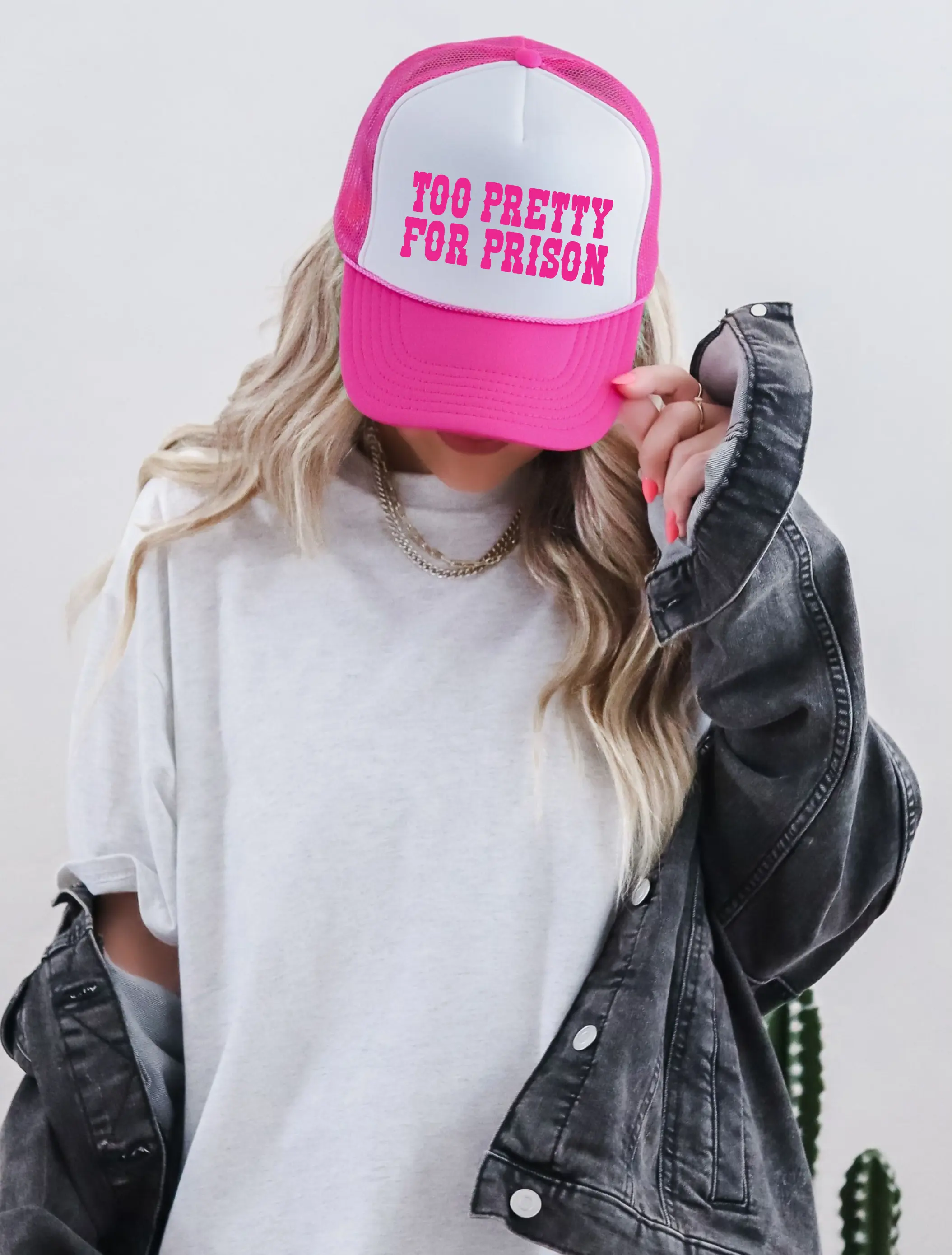 Too Pretty for Prison TRUCKER CAP HOTPNKWHT