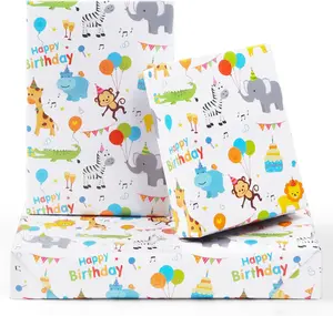 Birthday Wrapping Paper For   Girls Boys, 6 Sheets Monkey Lion Elephant Giraffe    Party Design 20 x 28 inch  Paper for Birthday  Shower