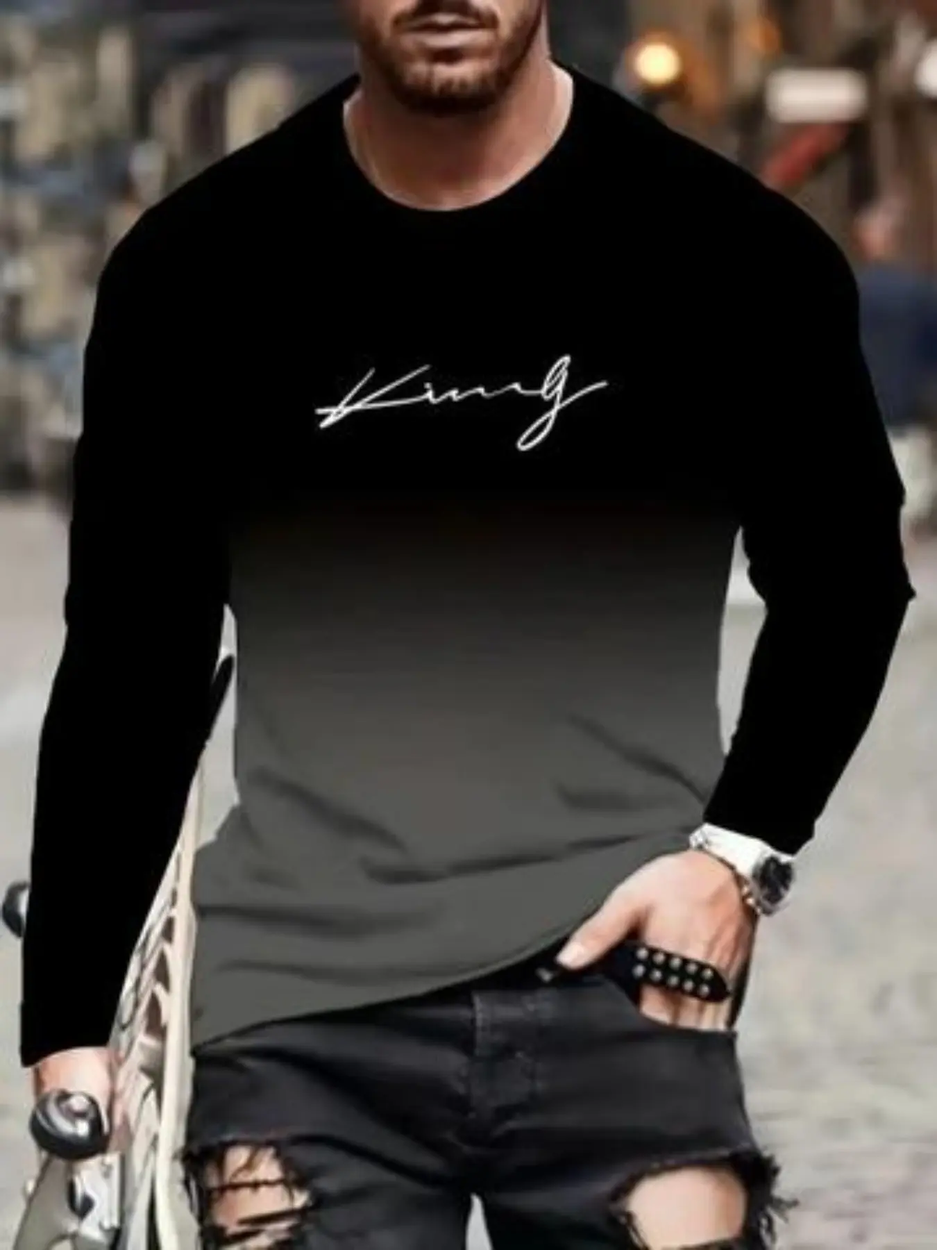 Men's Casual Classic Long Sleeve T-Shirt, Gradient Color, Polyester Material, Round Neck, King Letter Print Design, Graphic T Shirts, Tops, Streetwear