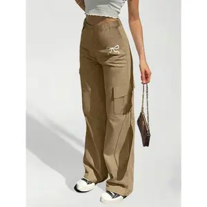 Youth Girls Cargo Casual Pants Straight-leg Sweatpants Overalls Solid Color Pocket teenager for Fall Kids Daily Wear GK2083