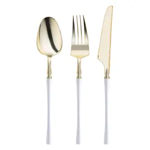 Gold with White Handle Moderno Disposable Plastic Cutlery Set - 20 Spoons, 20 Forks and 20 Knives