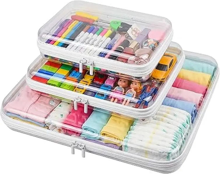 【summervibes】3Pack Clear Hard Shell Storage Cases, Waterproof Dustproof PVC Zipper Bags, Portable Organizer for Toiletries, Makeup, Beads, Travel Accessories, Great Home Gift for Mom Wife