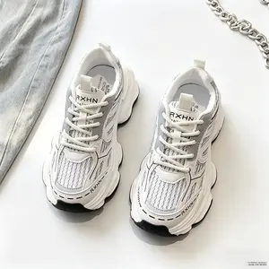 Women's Chunky Dad Sneakers, Breathable Mesh Platform Running Shoes, Non-Slip Casual Athletic Trainers, Lightweight Lace-Up Comfortable Walking Shoes for Everyday, Work, Gym & Streetwear - White Gray