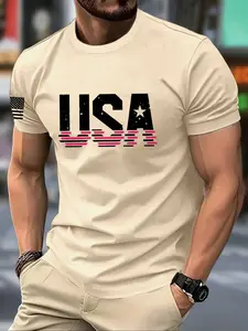Men's English Letter Pattern Print Round Neck Casual Short Sleeve, Summer Fashion Streetwear Comfortable T-Shirt, American Vintage Street Style, Menswear