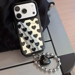 Mirror shiny black love cute heart 3D phone case bracelet back cover for iphone 16 17 pro max 13 14 15 promax cartoon capa