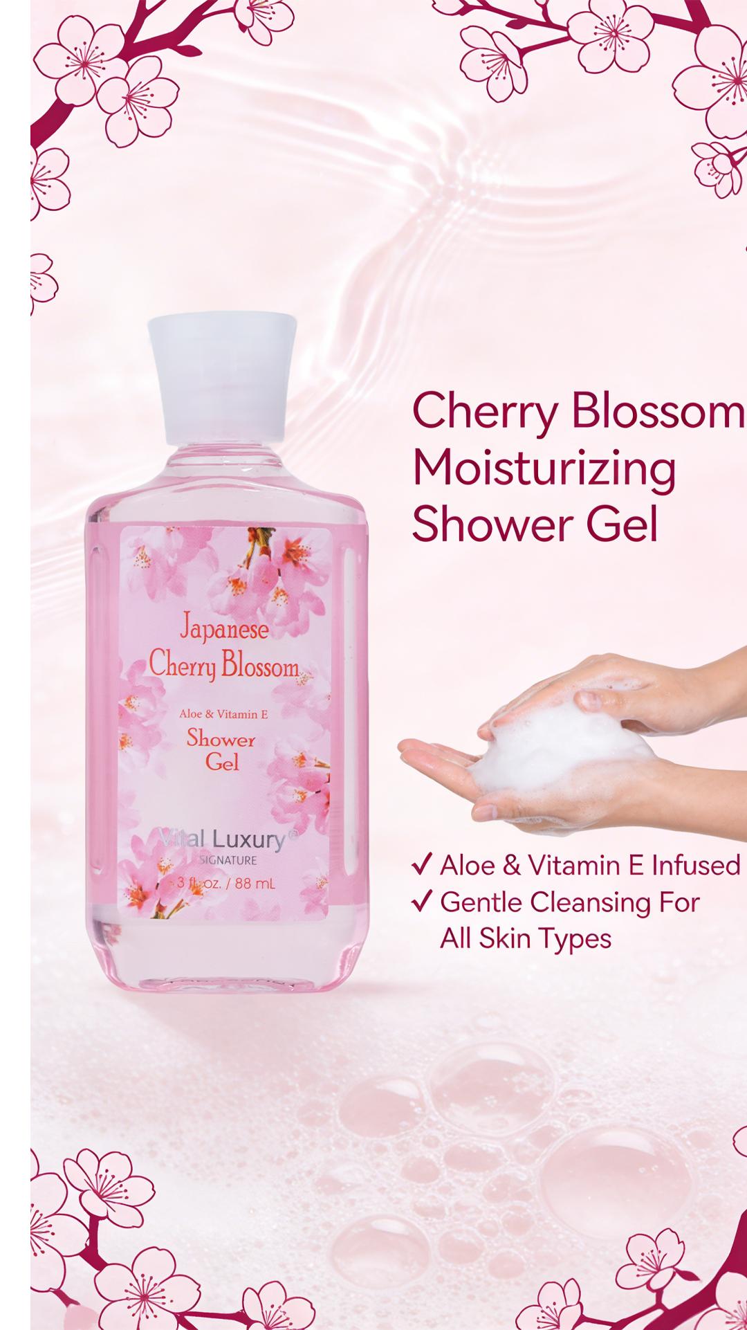 Japanese Cherry Blossom Bath & Body Travel Set – 3oz Shower Gel, 3oz Body Lotion, 3oz Body Mist & 2.5oz Bath Salts | Silky Lather, All-Day Fresh Scent, Moisturizing & Revitalizing | Ideal Gift for Mom, Wife, Sister & Girlfriend