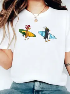 Cody Maverick & Little Chicken Joe Surfing T-Shirt Print Short Sleeve, Casual Beachwear, Fun Summer Clothing, Y2K Style