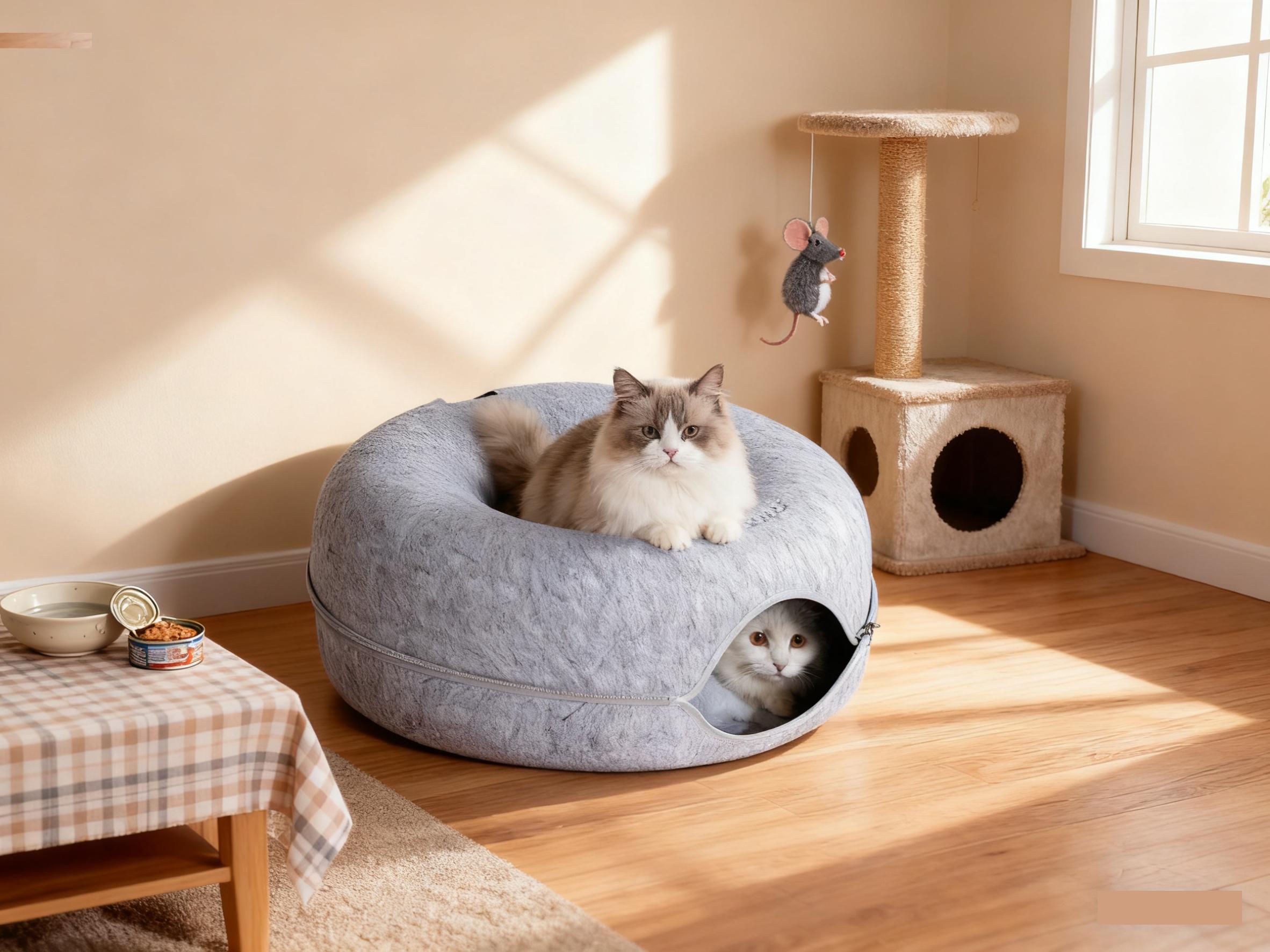 Cat Tunnel Peekaboo Cave Bed for Indoor Cats, Detachable Round Felt Donut Cat House, Easy Setup Scratch Resistant Play Tunnel, For Kittens & Small Cats