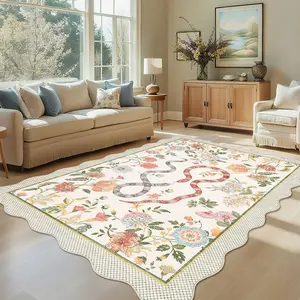 Garvee Washable Rug 8x10 for Living Room Bedroom Modern Scalloped Carpet Low Pile Dining Room Floral Carpet Indoor Non-Slip Flower Beige Animal Print Area Rug for Playroom Dorm Home