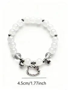 White Crystal Beaded Bracelet with Cute Cat  – Stretch Elastic  Bracelet, Aesthetic Jewelry Gift for Women & Girls spring festival affordable daily elegance recovery luxury inspired creative important occasion same style dainty girlfriend bff charm