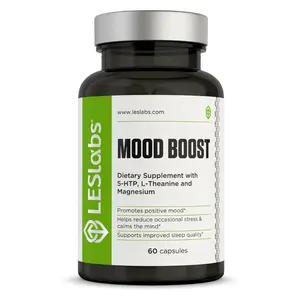 LES Labs Mood Boost - 5-HTP, Ashwagandha, Rhodiola Rosea, Magnesium, L-Theanine & GABA - Non-GMO Supplement for Stress Relief & Better Sleep - 60 Capsules - Dietary