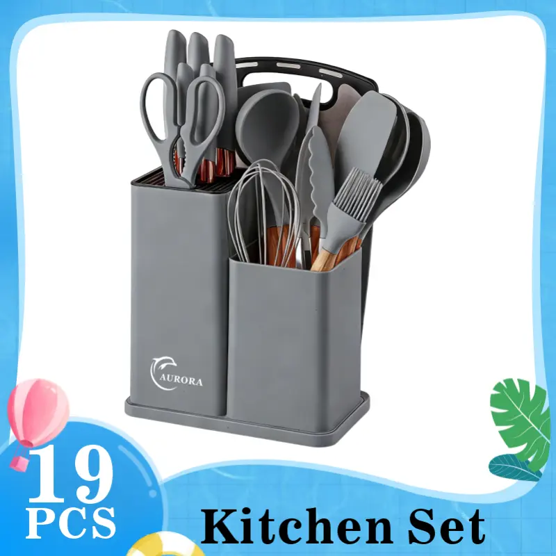 PM-19 Piece Heat Resistant Silicone+Teak Kitchen Tool Set with Wooden Handles, Rectangular Rack, Nonstick Pan Compatible Utensils - Knife Set, Scissors, Peeler, Pasta Spoon, Whisk, Spoon, Pliers, Cooking Accessories, Home Kitchen Supplies