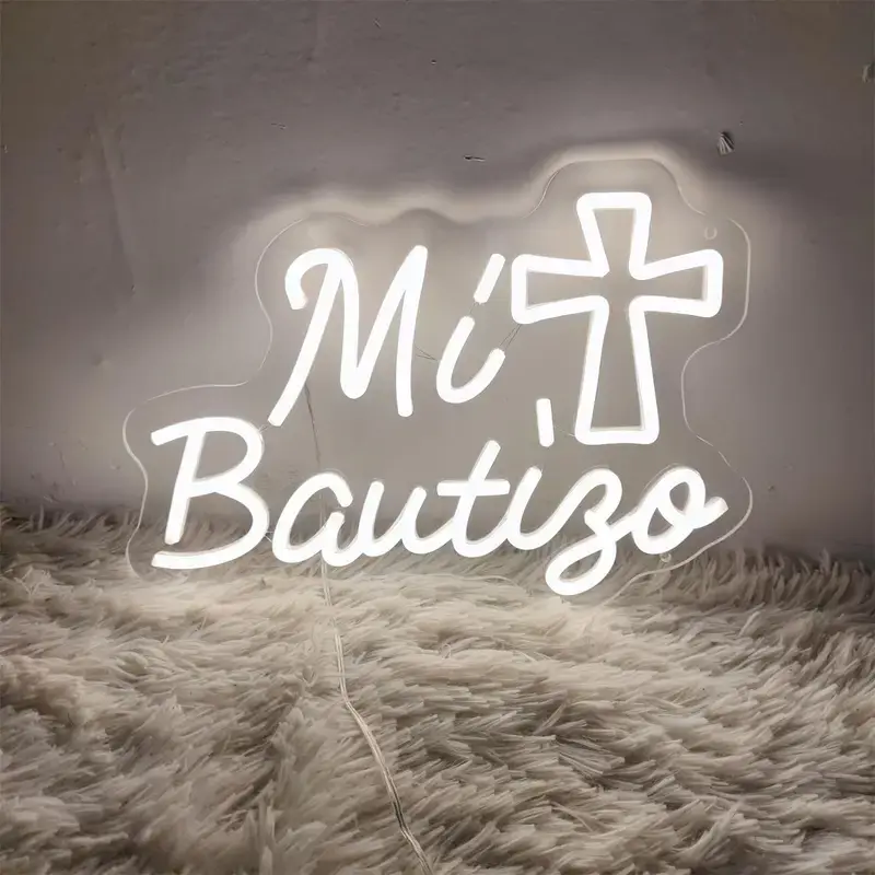 Quiet Mi Bautizo LED Neon Sign - Handmade-Look Fluorescent Laser-Cut Silicone Tube Lights, Ideal for Children Gift, Birthday Party Wall Decor, LED Lights Bedroom Indoor Lighting, summerwins