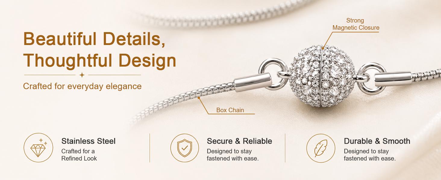 BONISON 3PCS Layering Necklaces for Women, Stainless Steel Silver Box & Snake Chain Set with Magnetic Clasp, 16/18/20/24 Inch, Includes Jump Rings for Pendants
