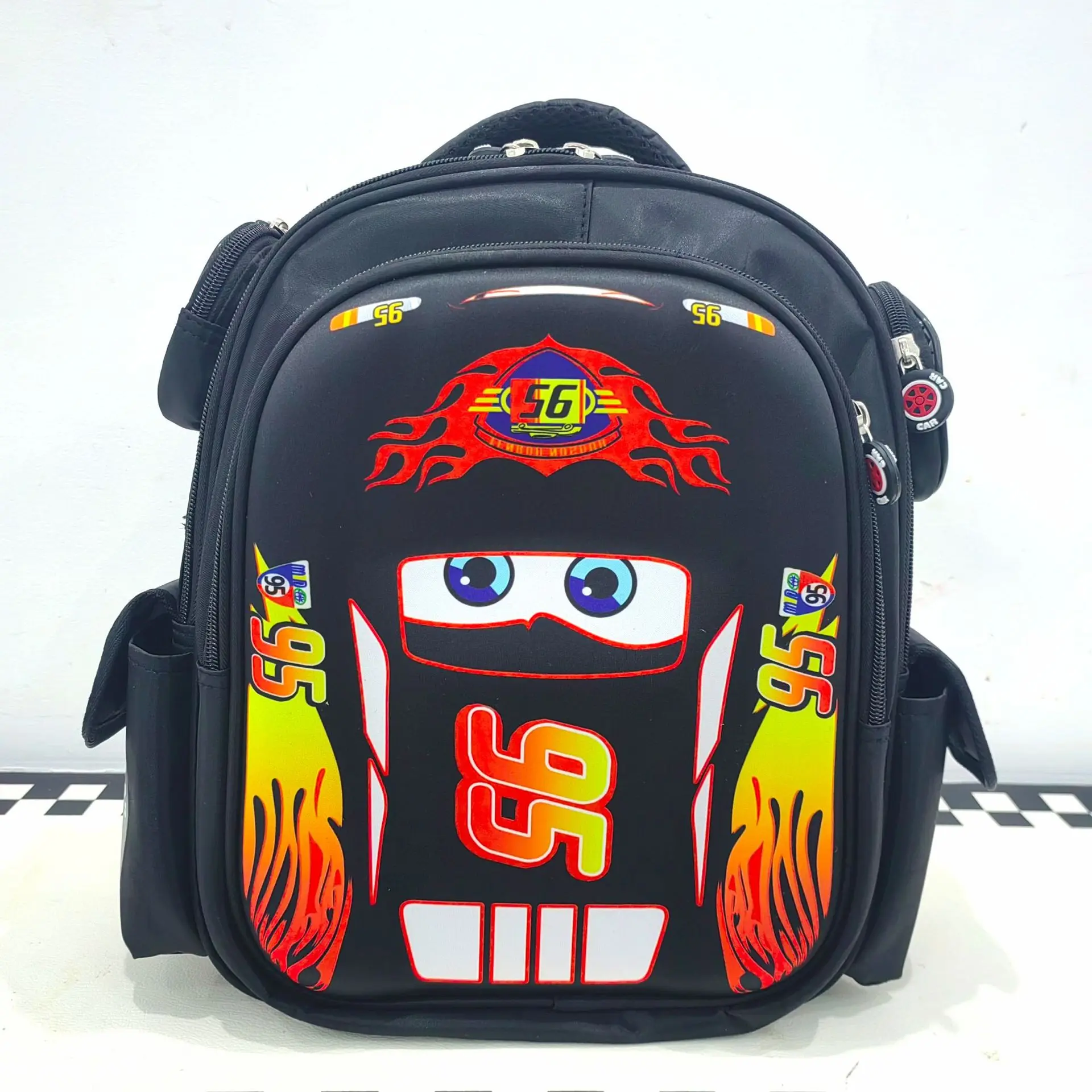 Cars 95 Lightning Cartoon Print Backpack for Boys Kids Men, Black Flame Racing Car Large Capacity Multi-Layer Waterproof School Backpack, Wear Resistant Multi-Pocket Casual Daypack for Kindergarten School Travel Outdoor