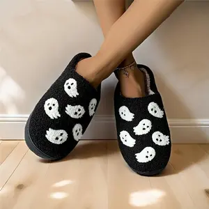 Halloween Cartoon Ghost Pattern Slippers - Soft Fabric Lined, Plush Comfortable Indoor Shoes with TPR Sole - Flipflop, Walking Shoes Stylish