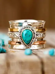 Bohemian Wide Alloy Ring – Mix of Silver and Copper with Teardrop Turquoise Stone, Vintage Style Jewelry for Women, Casual or Party Jewelry for a Graceful Look
