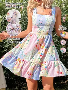 Women's Floral Print Backless Bow Tie Dress, Sleeveless Short Sundress, Boho Vacation, Fitted Summer Dress