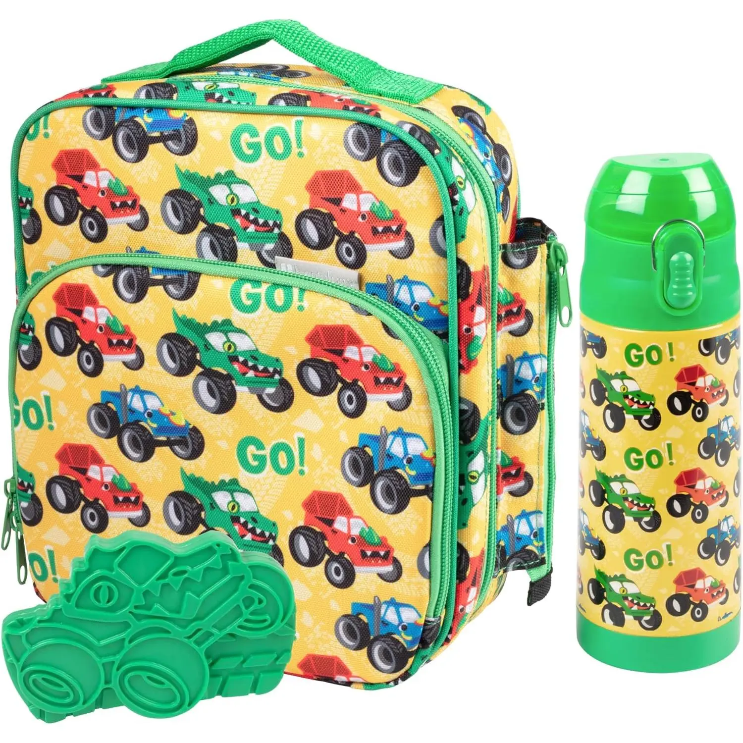 Bentology Kids Lunch Bag Set w Matching Water Bottle & Hard Ice Pack (Monster Trucks) Insulated Tote, Stainless Steel Insulated Thermos, Hard Ice Pack